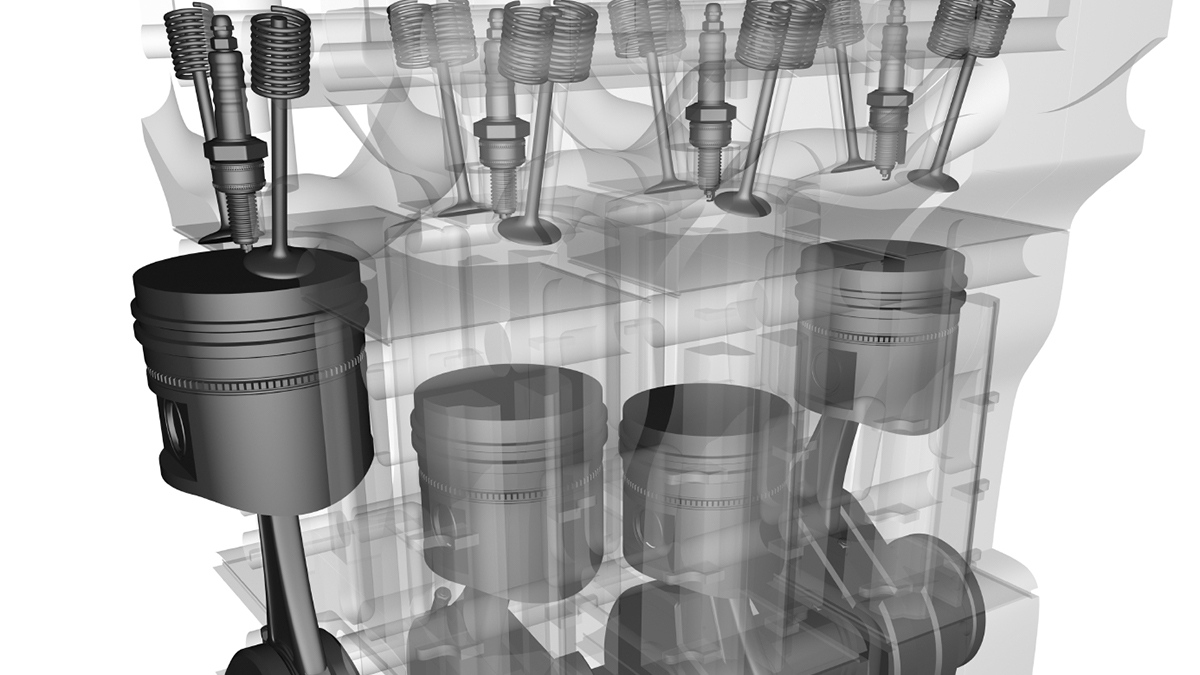 Three-dimensional rendering of engine valve train, pistons and crankshaft.