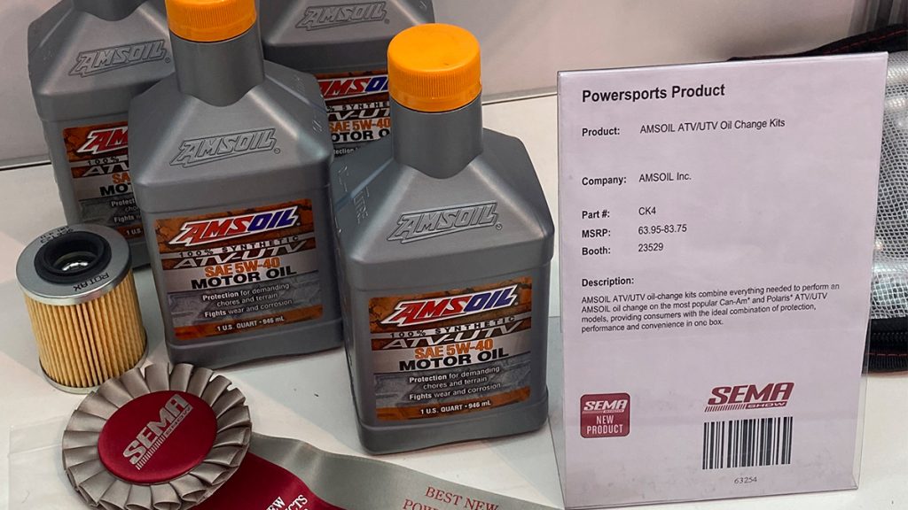 AMSOIL ATV/UTV Oil Change Kit is shown with the SEMA runner-up award for Best New Powersports Product.