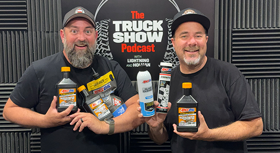 Lightning and Holman of the Truck Show Podcast hold some of their favorite AMSOIL products.