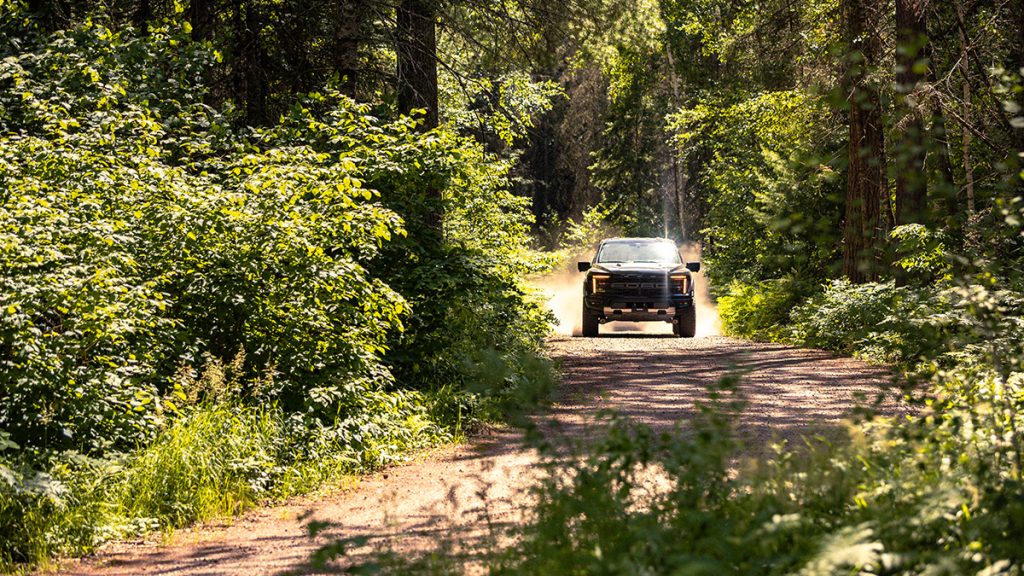 A Ford Raptor drives fast down a gravel road through a forest.
