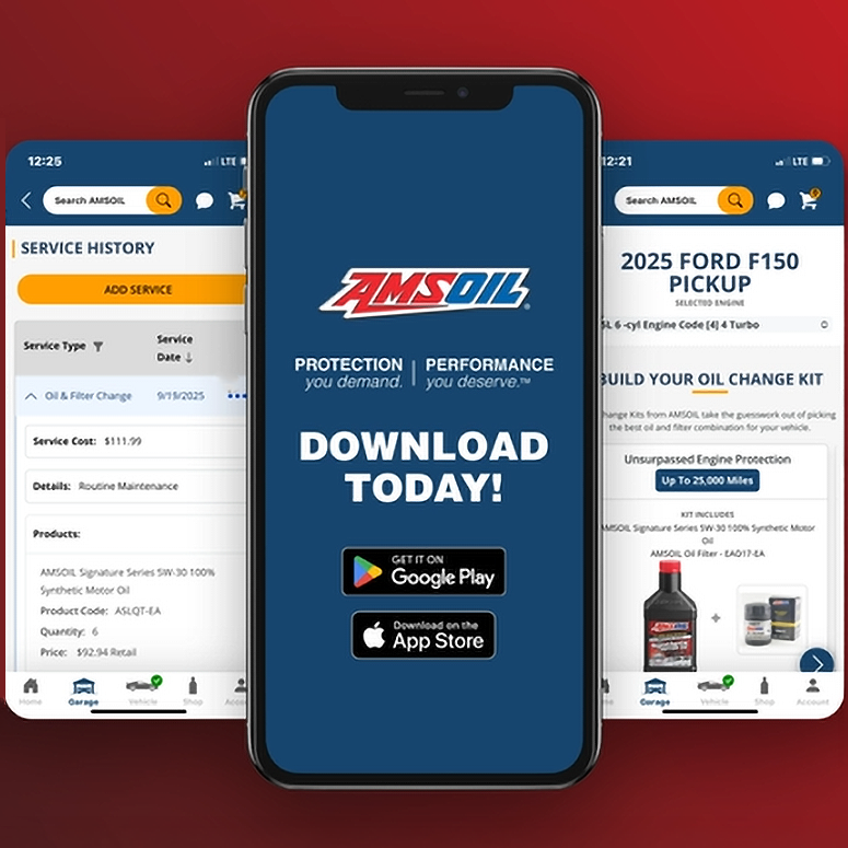 AMSOIL mobile app shown on three smartphone screens with Google Play and App Store download buttons
