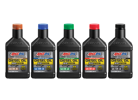 Five quarts of AMSOIL Signature Series Max-Duty Synthetic Diesel Oil in different viscosities