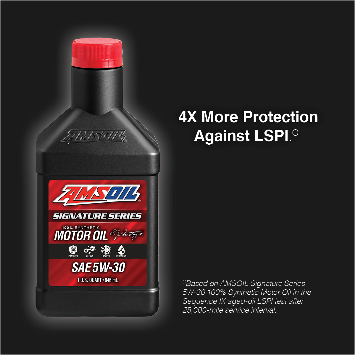 AMSOIL Signature Series 100% Synthetic Motor Oil quart with the claim 4X more protection against LSPI