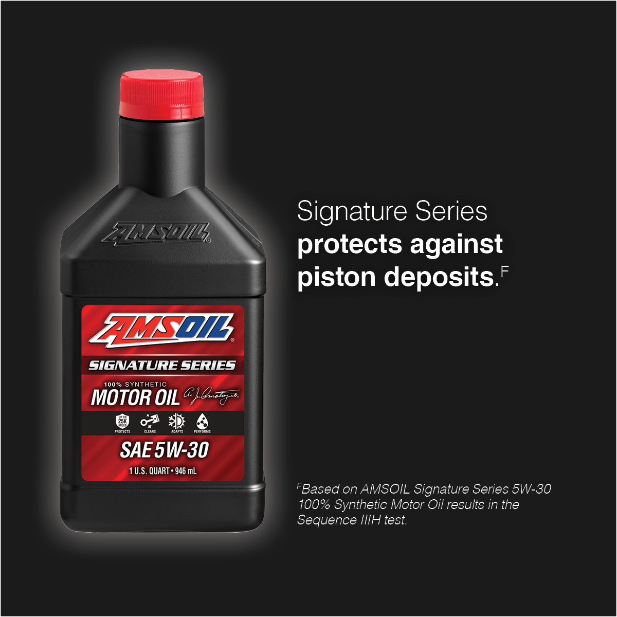 AMSOIL Signature Series 100% Synthetic Motor Oil quart with the claim Signature Series protects against piston deposits
