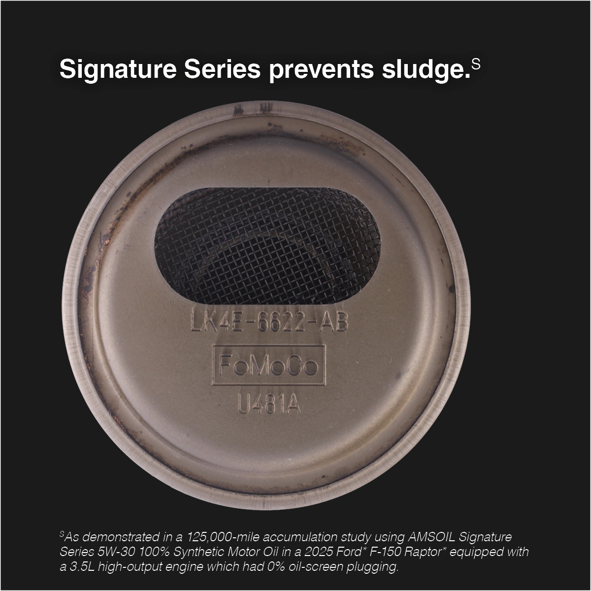 Clean oil pump screen with 0% plugging after a 125,000-mile study: Signature Series prevents sludge