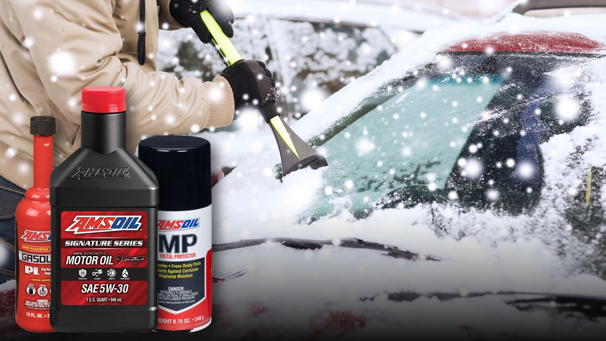 AMSOIL P.i., Signature Series 5W-30 synthetic motor oil and MP Metal Protector in front of a person scraping snow off a car windshield